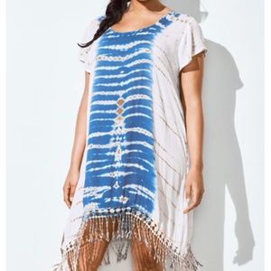NWT Blue & White Fringe Tunic Cover Up Tie Dye